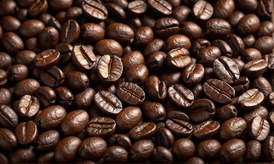 A close-up, highly detailed image of a pile of roasted coffee beans in various shades of brown. 