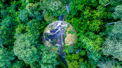 Aerial top view road in forest with car motion blur. Winding road through the forest. Car drive on the road between green forest. Ecosystem ecology healthy environment road trip.Holiday and travel .