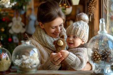 Mother and baby enjoying Christmas decorations and ornaments