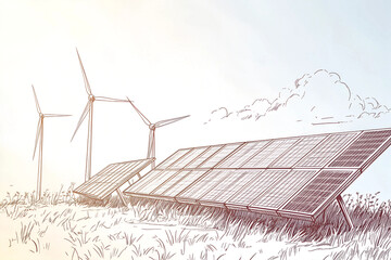 Hand-Drawn Vector Illustration of Solar Panels and Wind Turbines Showcasing Sustainable Alternative Energy Sources