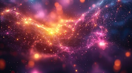 Fototapeta premium A dynamic illustration of big data, featuring a network of multicolored lines and dots representing AI, technology, and data transmission themes.