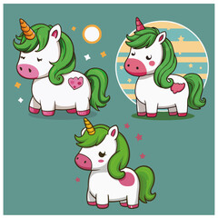 Set of cute unicorns with golden horns. Unicorn stickers set. Childish vector illustration