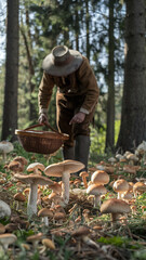  Forager in Forest Gathering Mushrooms Among Tall Pine Trees in Sunlight