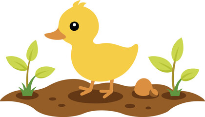 Curious Duckling on Muddy Shore with Growing Plants Vector Art
