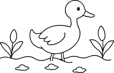 Duckling Exploring Muddy Shore and Plants Fun Vector Art for Kids Coloring
