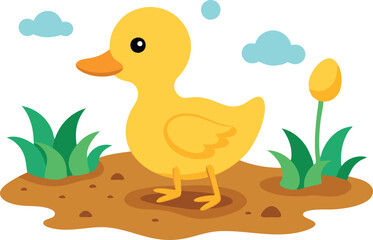 Vector Art of Duckling on Muddy Shore with Tiny Plants