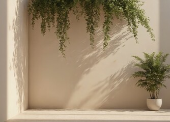 A white wall with a plant in a white pot
