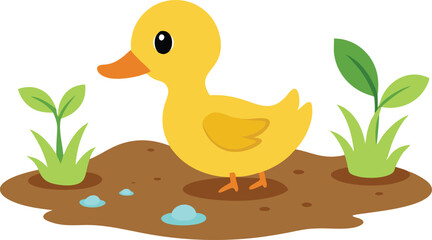 Muddy Shore Adventure with Duckling and Small Plants Vector 