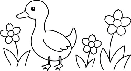 Little Duckling on Muddy Shore Exploring Plants Vector Illustration for Coloring
