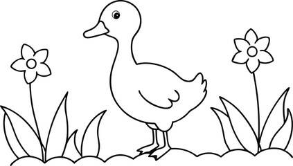 Duckling Adventures on Muddy Shore and Small Plants Kids Coloring Vector Art
