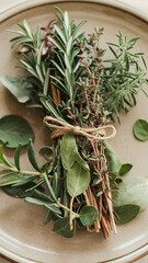 Obraz premium Fresh Herb Bundle Tied with Twine on Beige Ceramic Plate Culinary Aromatics