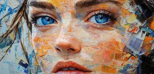 Close-up painting of a woman's face with blue eyes.