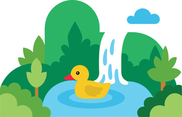 Duck in a Calm Pond Near a Waterfall Vector