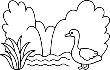 Kids Coloring Page Duck Swimming Near a Waterfall Vector Illustration