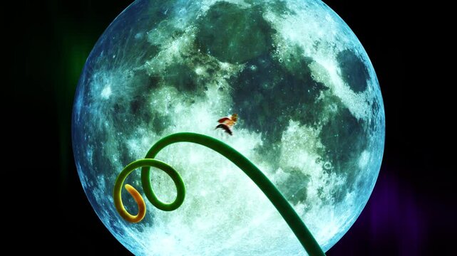 Lady Bird Moon animation, lady bug flying onto a stem with a bright moon background