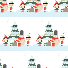 Pattern Cartoon elves with a snowman near the Christmas tree.
