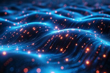 Abstract blue and orange digital waves with glowing lights