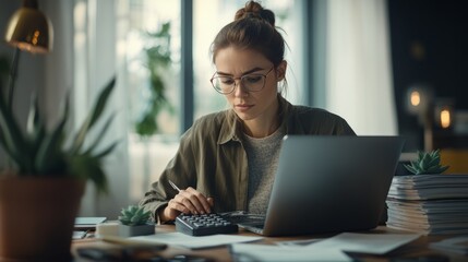Focused Young Woman Working at Home