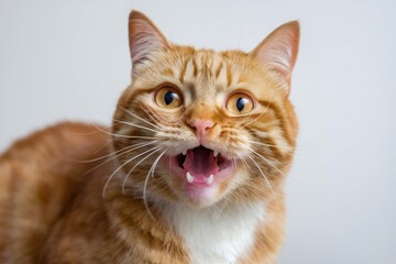 Obraz premium Surprised orange tabby cat close-up with open mouth and wide eye, funny pet expression
