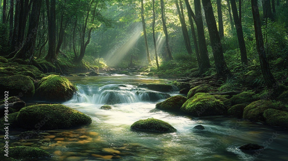 Poster sunbeams shine through the trees illuminating a moss-covered stream in a dense forest.