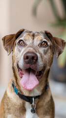 Obraz premium Happy Brown Dog with Tongue Out Wearing Collar in Soft Background