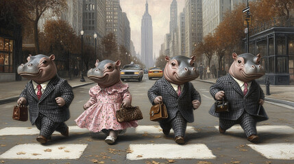 A whimsical scene featuring anthropomorphic hippos in business attire crossing a city street, adding a touch of humor to urban life.