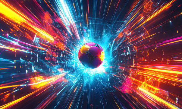 Dynamic Neon Football Action with Futuristic Geometric Patterns and Vibrant Light Trails for High-Energy Sports Advertising Backgrounds