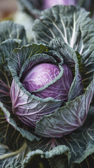  Close-Up of Fresh Purple Cabbage with Green Leaves in Natural Garden Setting