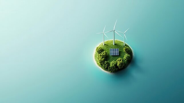 Island microgrid with wind, solar, and energy storage facilities, representing self-sufficient green energy