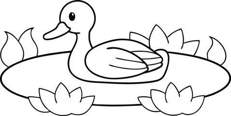 Vector Duck Serenity on a Log Cradled by Lush Lily Pads