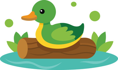 Serene Duck Relaxing on a Log Amidst Vibrant Lily Pads Vector Art
