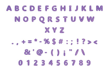 Bright purple balloon letters, purple alphabet with symbols. Set of plastic numbers and letters