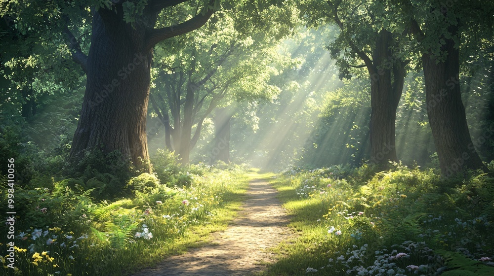 Poster sunbeams stream through the trees, illuminating a path in a lush, green forest with wildflowers.