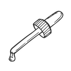 Pipette with drop liquid sketch. Cosmetic medical object. Hand drawn line art illustration. Vector dropper sketch