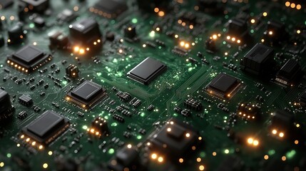 Obraz premium A highly detailed green circuit board, populated with intricate pathways, transistors, and microchips, emphasizing the core of technology and electronics.