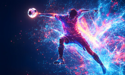 Obraz premium Dynamic Neon Football Action with Futuristic Geometric Patterns and Vibrant Light Trails for High-Energy Sports Advertising Backgrounds