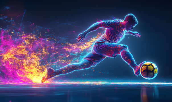 Dynamic Neon Football Action with Futuristic Geometric Patterns and Vibrant Light Trails for High-Energy Sports Advertising Backgrounds