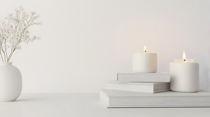 Minimalist Meditation Vignette with Candles and Books on a Clean White Background