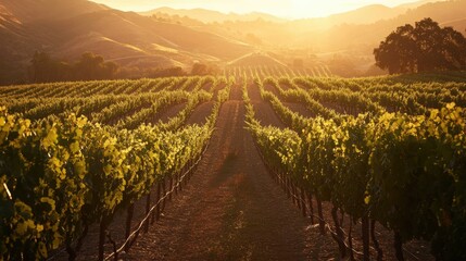 Naklejka premium A peaceful vineyard at sunrise with rows of grapevines and golden light shining through the hills.
