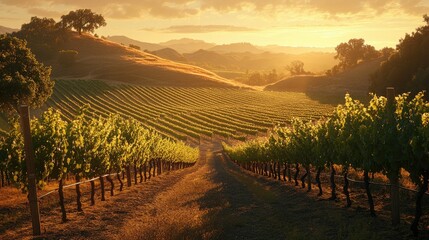 Naklejka premium A peaceful vineyard at sunrise with rows of grapevines and golden light shining through the hills.