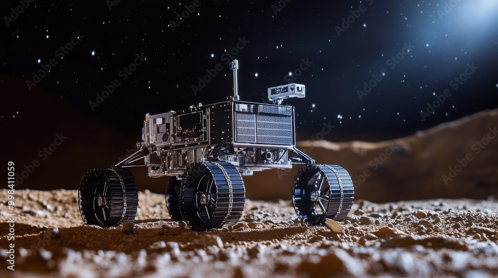 Poster the moon robot, built for durability and precision, maneuvers through the harsh lunar environment.