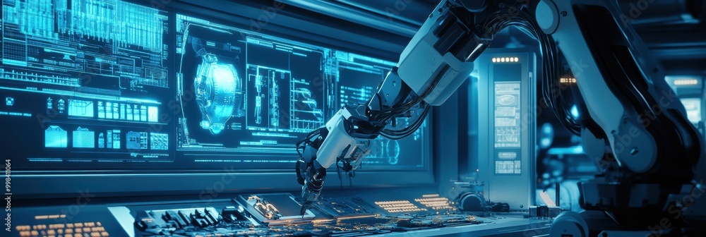 Poster a robotic arm meticulously assembles complex machinery in a sleek, modern lab filled with glowing pa