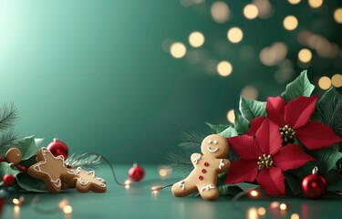 Christmas background with poinsettia flowers, gingerbread cookies, and Christmas lights on a green background. Greeting card decoration or social media banner, web poster layout template.