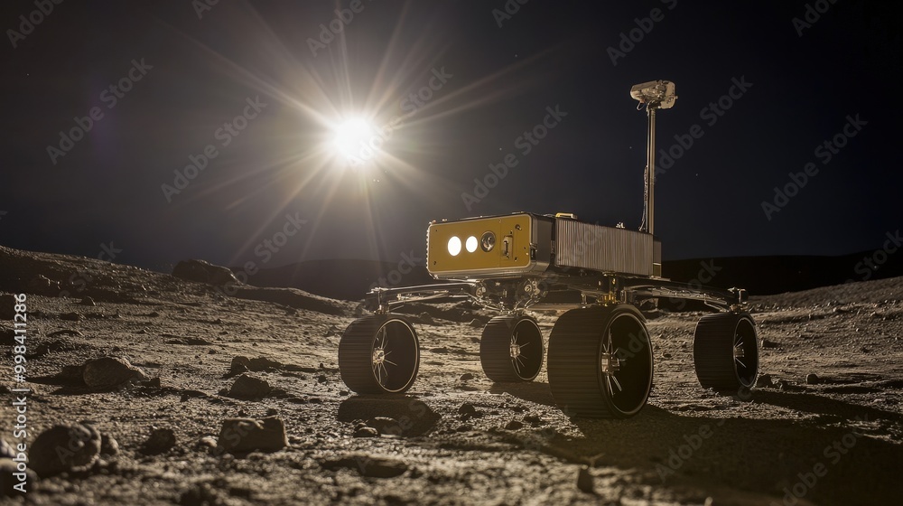 Poster the moon robot explores the lunar surface, its advanced technology allowing it to handle the challen