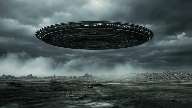 Mysterious UFO hovering desolate landscape