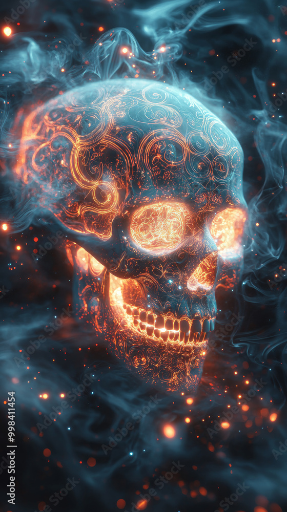 Canvas Prints neon glowing skull with intricate patterns emerges from swirling smoke, creating captivating and mys