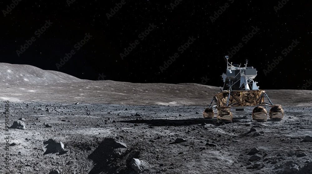 Poster the moon robot performs a series of tasks on the lunar surface, from collecting samples to capturing