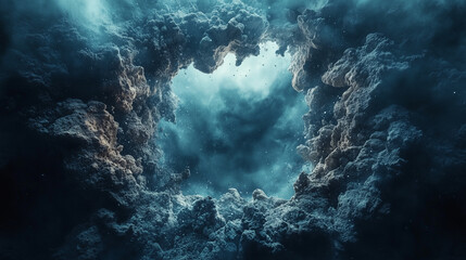 A captivating view of turbulent water and clouds merging, creating an ethereal, heart-shaped opening in a dark, misty atmosphere.