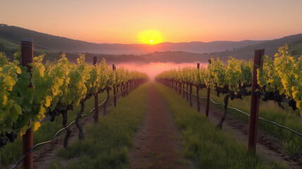 Naklejka premium Scenic vineyard rows at sunset with misty mountains in background