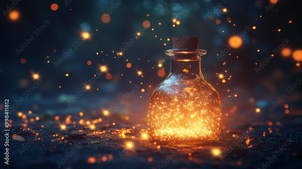 Canvas Prints small potion bottle glowing softly with little stars, creating magical atmosphere. warm light and sp